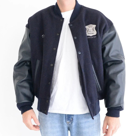VTG Reed Sportswear Navy 100% Wool And Leather Detroit Police Supporter Jacket L - Picture 2 of 15